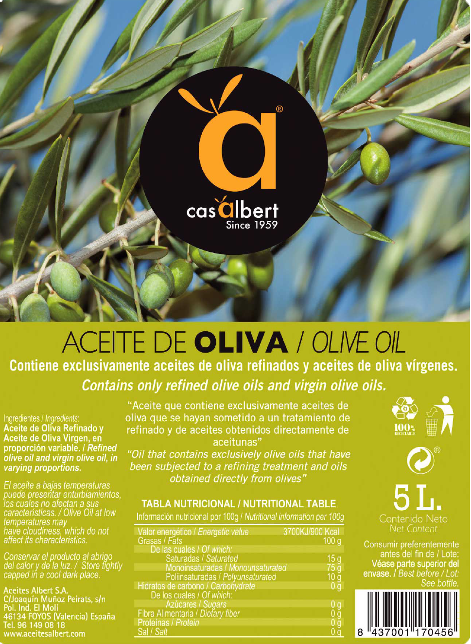 Aceite Orujo de Oliva Casalbert 5 litros